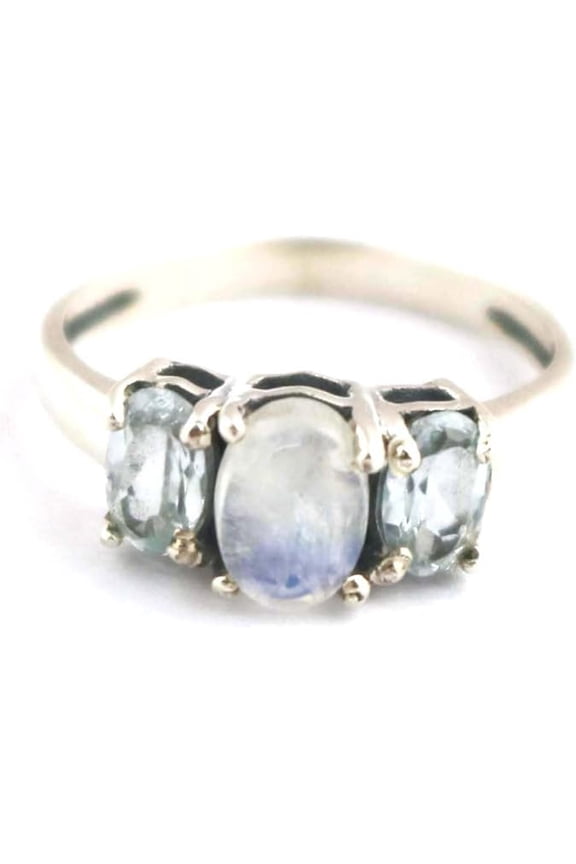 Rainbow Moonstone Three Stone Ring- Aquamarine Gemstone Ring- Handmade Birthstone Ring For Women- Dainty Prong Set Ring- 925 Silver Ring Gift