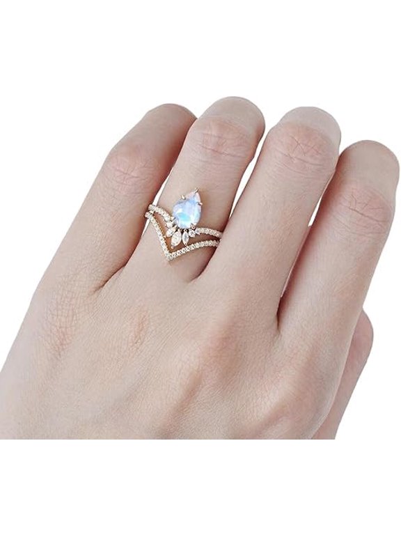 Rainbow Moonstone Tiny Ring, Natural AAA MoonStone Nesting Ring, CZ Ring, June Birthstone, 2 Ring Set, Promise Ring, Women Ring, Gold Micron Ring, 925 Sterling Silver, Stackable Ring, Statement Ring