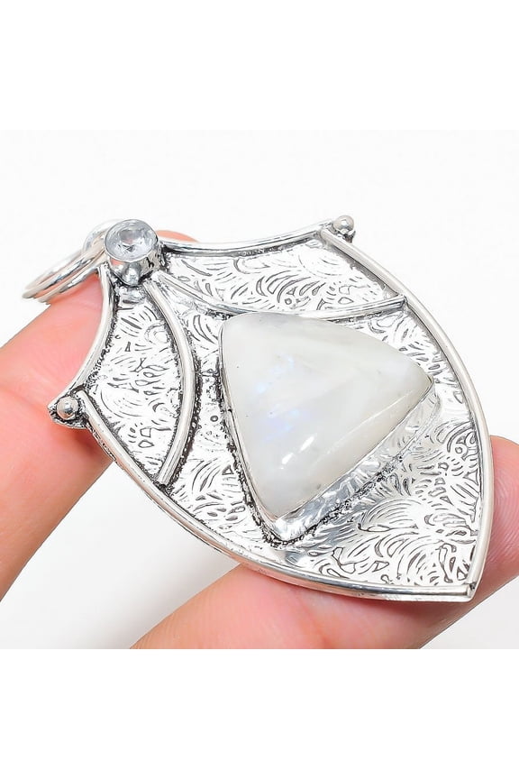 Rainbow Moonstone, White Topaz 925 Sterling Silver Jewelry Pendant 2.76"