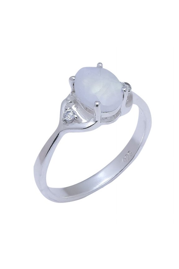 Round Rainbow Moonstone White Topaz Ring 925 Sterling, Sterling Silver