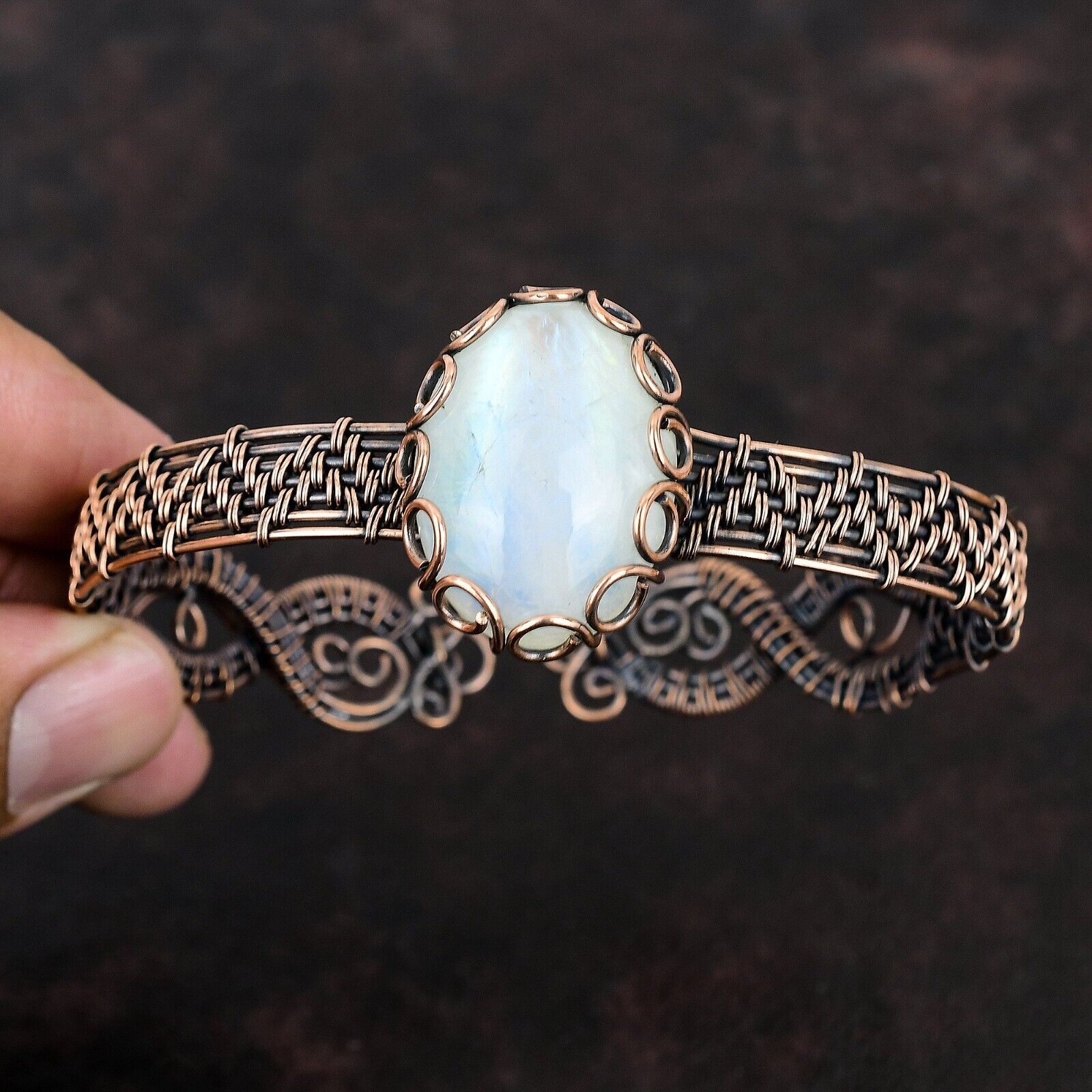 KALKA JEWELS Rainbow Moonstone Wire Wrapped Adjustable Bangle Handcrafted Copper Gift