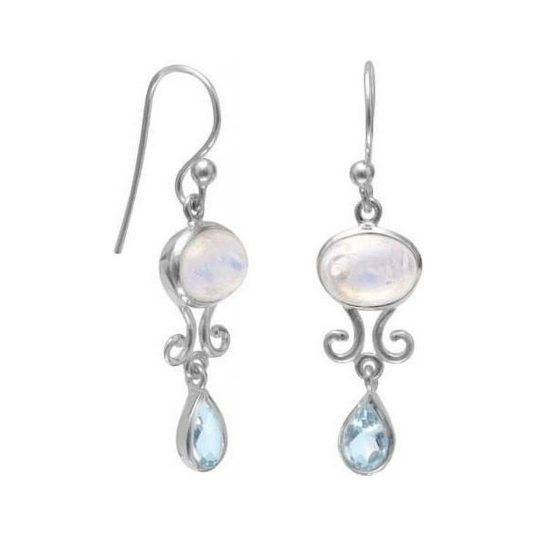 Rainbow Moonstone and Blue Topaz Earrings Sterling Silver Scroll Design Rainbow Moonstone and Blue Topaz Earrings Sterling Silver Scroll Design
