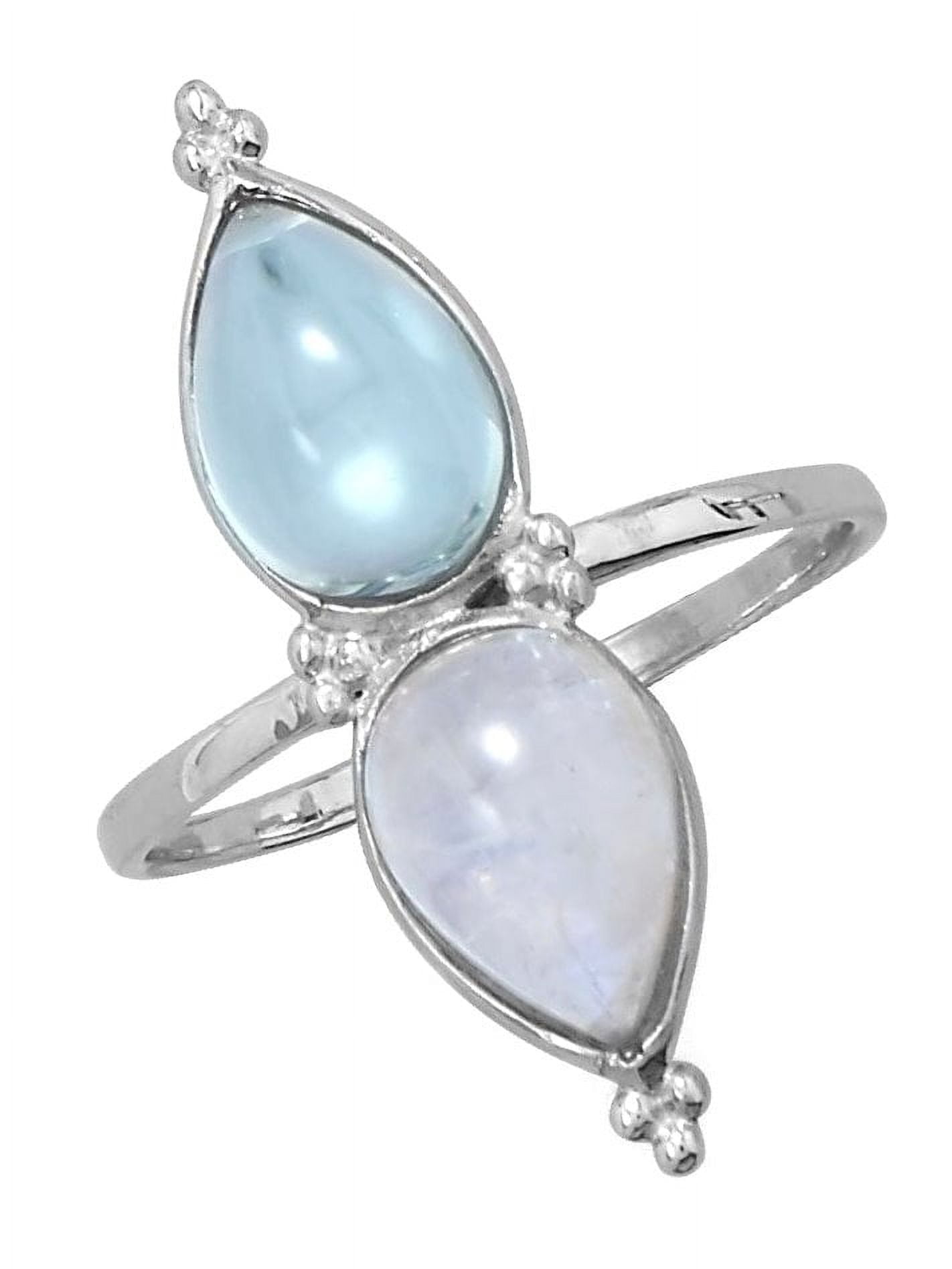 Rainbow Moonstone and Blue Topaz Teardrop North South Sterling Silver Ring Rainbow Moonstone and Blue Topaz Teardrop North South Sterling Silver Ring