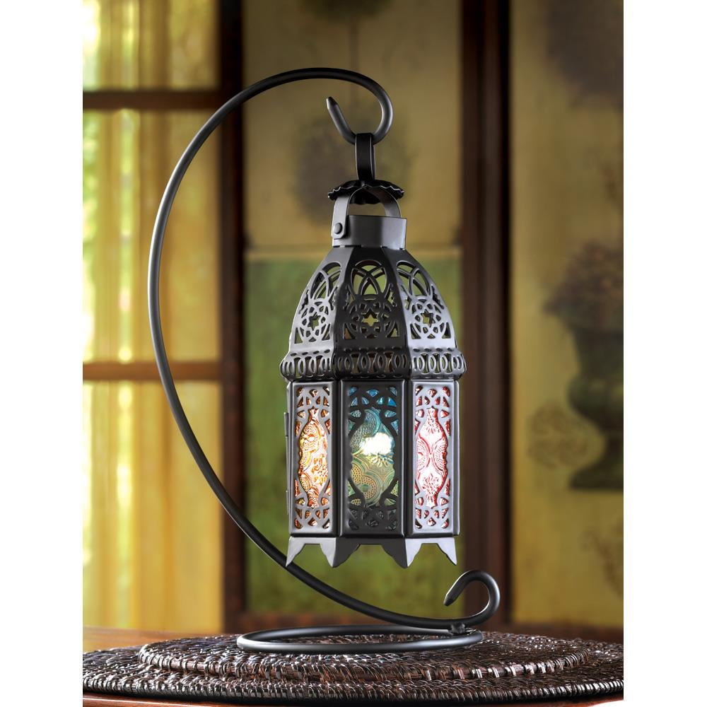 Rainbow Moroccan Iron and Glass Hanging Tabletop Lantern