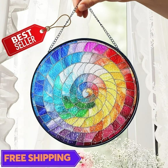Rainbow Mosaic Suncatcher, Glass-Effect Round Window Panel