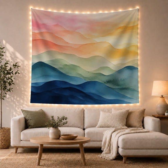 Rainbow Mountain Ridges Across a Layered Horizon, Serene Watercolor for Nature Lovers, Abstract Landscape Art, Housewarming Gift, Tapestry Wall Hanging for Bedroom and Studio