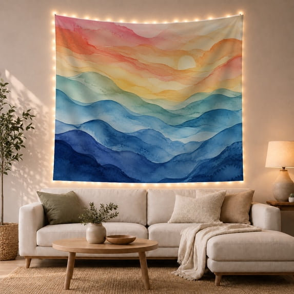 Rainbow Mountain Ridges under a Hazy Sun, Dreamy Watercolor for Nature Lovers, Spectrum Landscape Art, Housewarming Gift, Tapestry Wall Hanging for Bedroom and Living Room