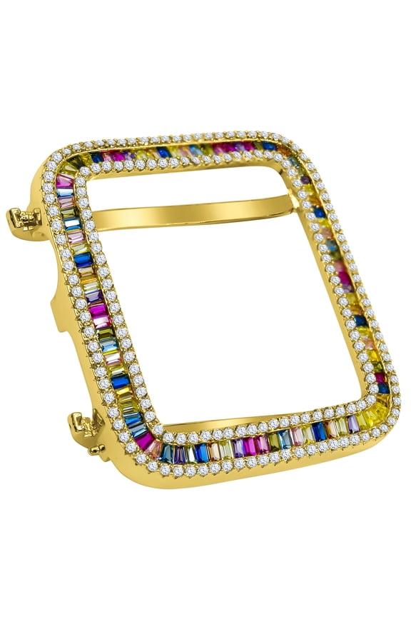Rainbow Multi Gold Finish Apple Watch Series # 4 Custom Bezel Baguette/Round Cut Simulated Diamond 44mm Insert Face Cover Case