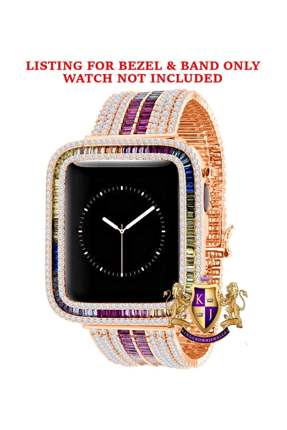 Rainbow Multi Rose Tone Baguette Simulated Diamond 12 Cwt. Apple Watch Bezel 44 mm Fit Series # 4,5,6 Custom Cover Case + Matching Band