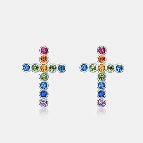 Rainbow Multi-Sapphire Gemstone Stud Earrings for Women in 925 Sterling Silver - Cross Stud Design, Elegant and Colorful Jewelry for Her
