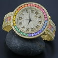 thumbnail image 1 of Rainbow Multi Tone Roman Numeral Dial Big Face Simulated Diamond Gold Finish Mens Jo Rodeo Adjustable Size Band Custom Watch, 1 of 7