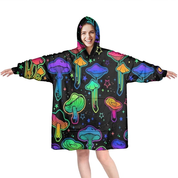 Rainbow Mushroom Neon Black Pattern Wearable Oversized Blanket,Wearable Blanket Hoodie for Adults,Cozy Hooded Blankets with Super Pockets,Super Warm Fuzzy Pullover for Women & Men