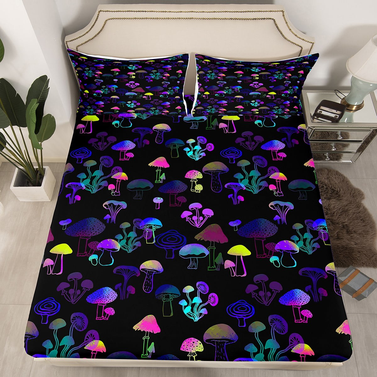 Rainbow Mushrooms Bed Sheets,Magic Glowing Gradient Mushroom Fitted