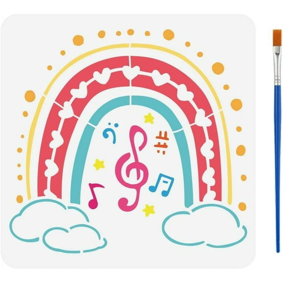 Rainbow of Musical Notes Drawing Stencil with A Paint Brush 11.8x11.8inch Rainbow Shape Musical Note Painting Template Music Theme Stencil for Painting on Wood Wall Fabric Furniture