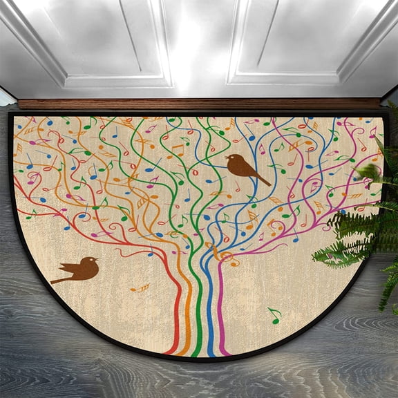 Rainbow Musical Tree Bird Half Round Door Mat Bath Mat Half Circle Area Rug Indoor Outdoor Doormat Non Slip Bathroom Rugs Entrance Floor Mats Home Decor Rug for Kitchen 3017in.
