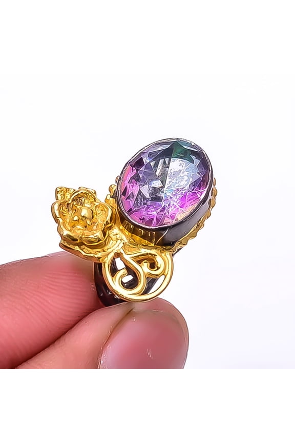 Rainbow Mystic Fire Topaz Black And Gold Plated 925 Sterling Silver Ring s.6.5, Rainbow Rainbow Mystic Topaz Ring R_8038_308_11, New Year Sale, Valent