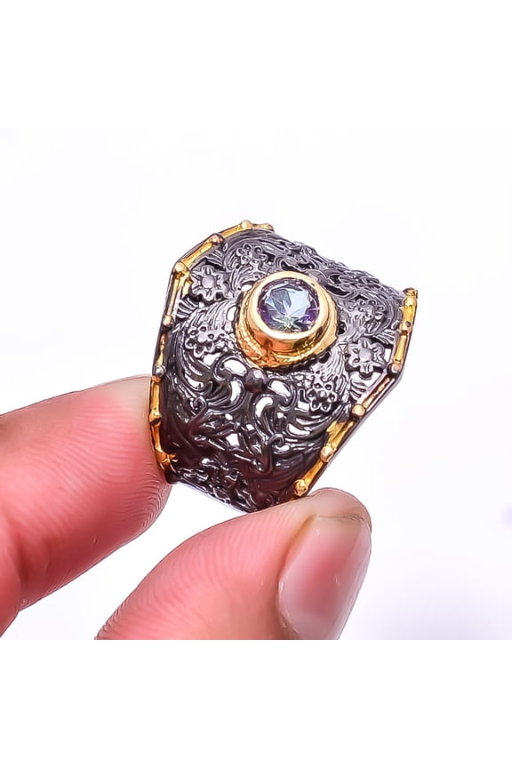 Rainbow Mystic Fire Topaz Black And Gold Plated 925 Sterling Silver Ring s.10.5 Sku1, Rainbow Ring, Gemstone Ring