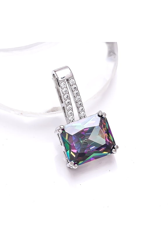 Rainbow Mystic Fire Topaz, CZ 925 Sterling Silver Platinum Plated Pendant 0.80" P7953, Rainbow Mystic Topaz Pendant, Gift For Her, Octagon Pendant, Ra