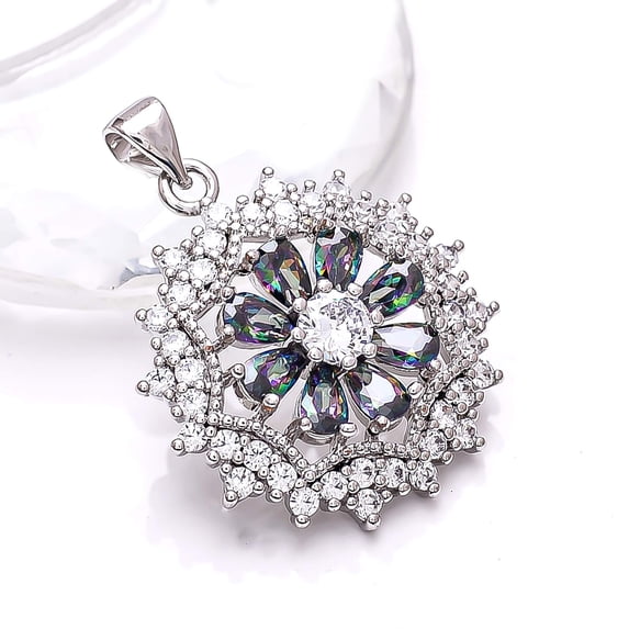 Rainbow Mystic Fire Topaz, CZ 925 Sterling Silver Platinum Plated Flower Pendant 1.00" P2, Rainbow Mystic Topaz Pendant, Gift For Her, Pear Pendant, R