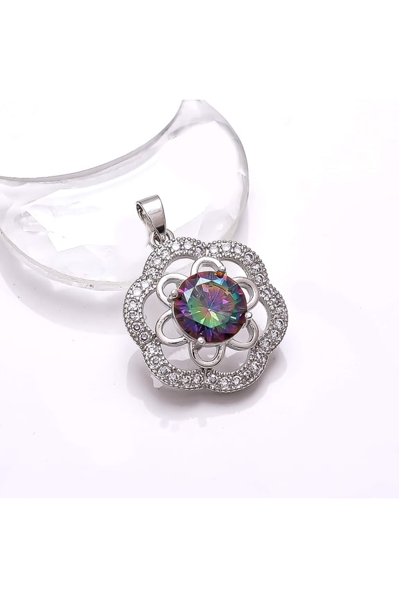 Rainbow Mystic Fire Topaz, CZ 925 Sterling Silver Platinum Plated Flower Pendant 1.20" P8, Rainbow Mystic Topaz Pendant, Gift For Her, Round Pendant,