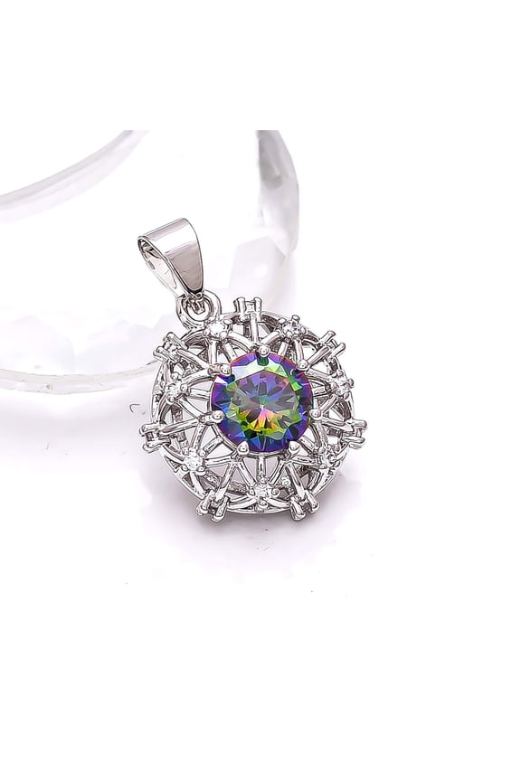 Rainbow Mystic Fire Topaz, CZ 925 Sterling Silver Platinum Plated Pendant 1.00" P7866, Rainbow Mystic Topaz Pendant, Gift For Her, Round Pendant, Rain