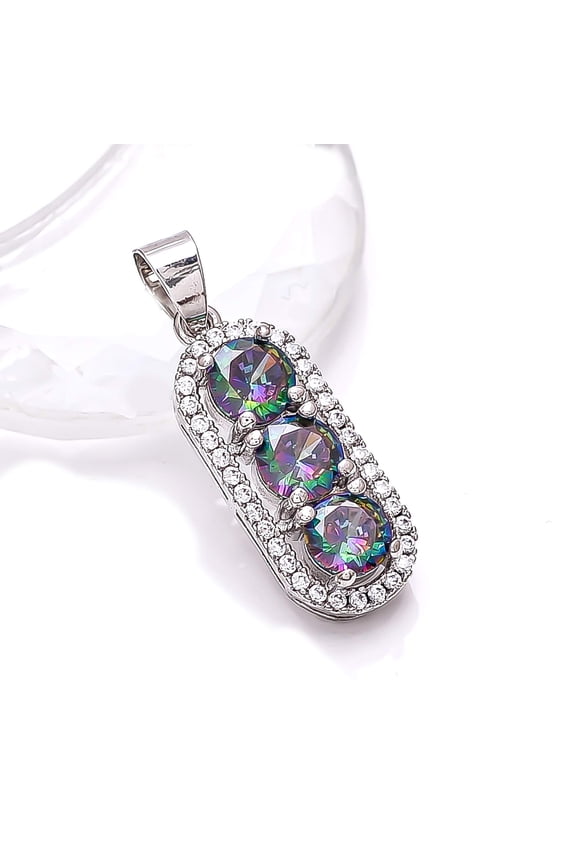 Rainbow Mystic Fire Topaz, CZ 925 Sterling Silver Platinum Plated Pendant 1.10" P79321, Rainbow Mystic Topaz Pendant, Gift For Her, Round Pendant, Rai