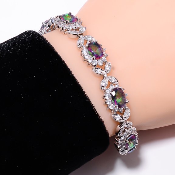 Rainbow Mystic Fire Topaz, CZ 925 Sterling Silver Tennis Tennis Bracelet B129028, Rainbow Mystic Topaz Bracelet, Rainbow Bracelet, Oval Bracelet