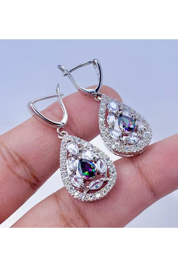 Rainbow Mystic Fire Topaz & Cubic Zirconia 925 Sterling Silver Earring 1.64" E11 , New Year Gift, New Year Sale, Valentin's Day Gift