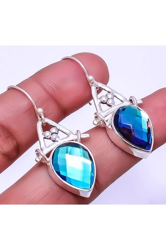 Rainbow Mystic Fire Topaz Designer Handmade 925 Sterling Silver Earring 1.64"E46, Beautiful Jewelry For Woman, New Year Sale, Valentin's Day Gift