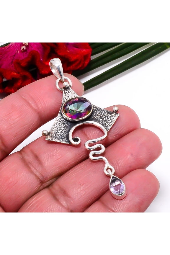 Rainbow Mystic Fire Topaz & Pink Amethyst Oxidised Designer 925 Sterling Silver Pendant 2.54" Sku50, Rainbow Pendant, Gemstone Pendant