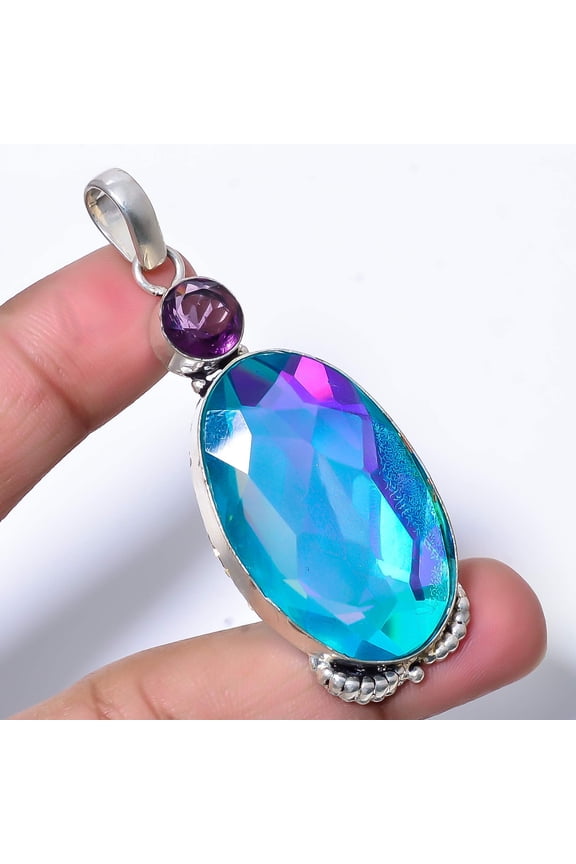 Rainbow Mystic Fire Topaz, Purple Amethyst 925 Sterling Silver Pendant 2.54" P11