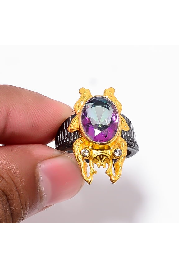 Rainbow Mystic Fire Topaz & White Topaz 925 Sterling Silver Frog Ring S.7 R87534, Christmas Gift