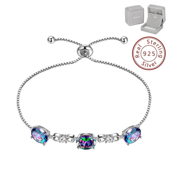 Juwaliy Rainbow Mystic Topaz Bracelet Women Girls 925 Sterling Silver Slide Bracelets Gemstone Jewelry Christmas Mother's Day Gifts for Wife Daughter