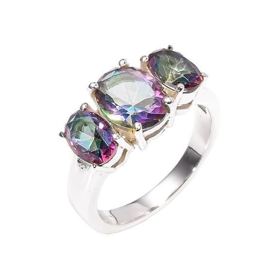 Rainbow Mystic Topaz Stone Ring 925 Sterling Silver Boho Rings