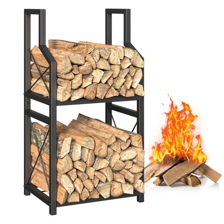 Rainbow Network Technology 2-Tier Firewood Rack, Polished Metal Log Holder, Multipurpose, Space-Efficient, Easy Assembly, With Tiered Shelf Design For Indoor Fireplace, Outdoor Patio, Fire Pit, Stove