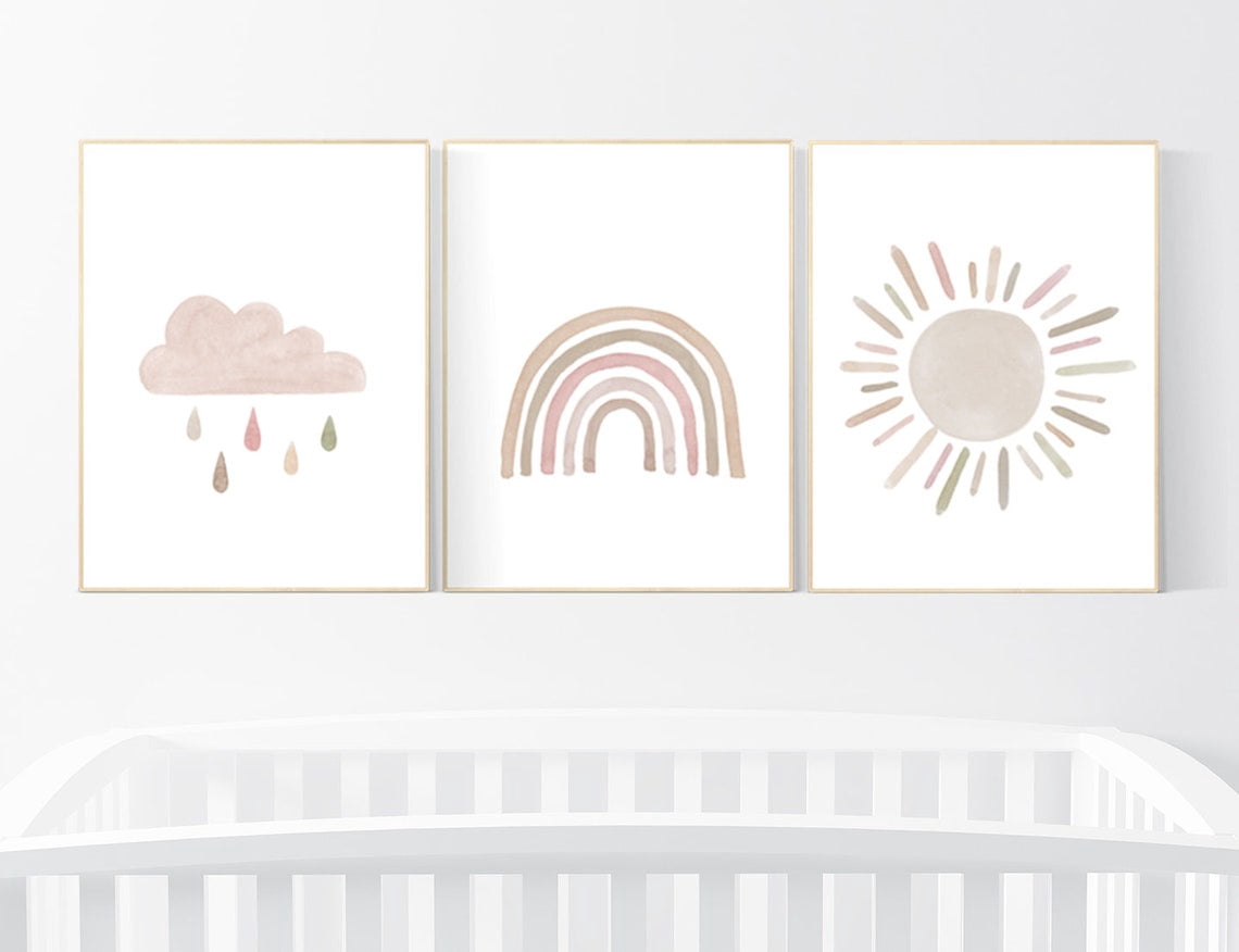Printer Rambow Rainbow Neutral Cloud Nursery Wall Art Print, Sun, Nursery And Gallery ...