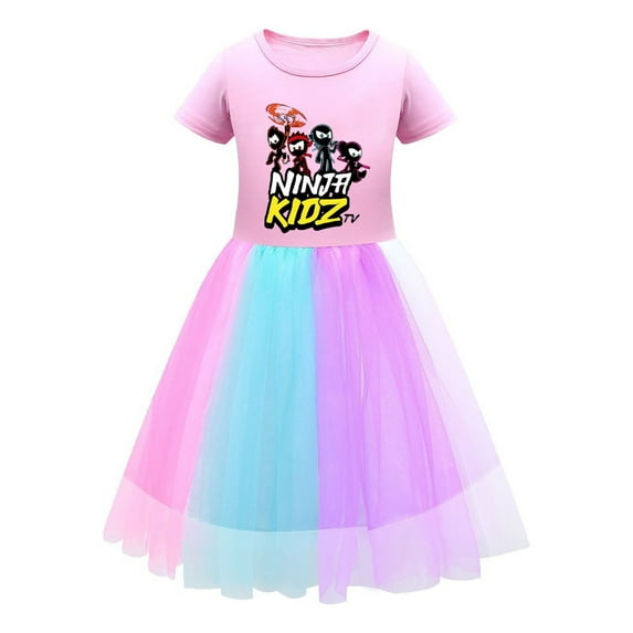 Rainbow Ninja Kidz Girls Tulle Dress – Cute Cartoon Character Print – Soft Cotton Top with Flowy Skirt for and Fun Occasions