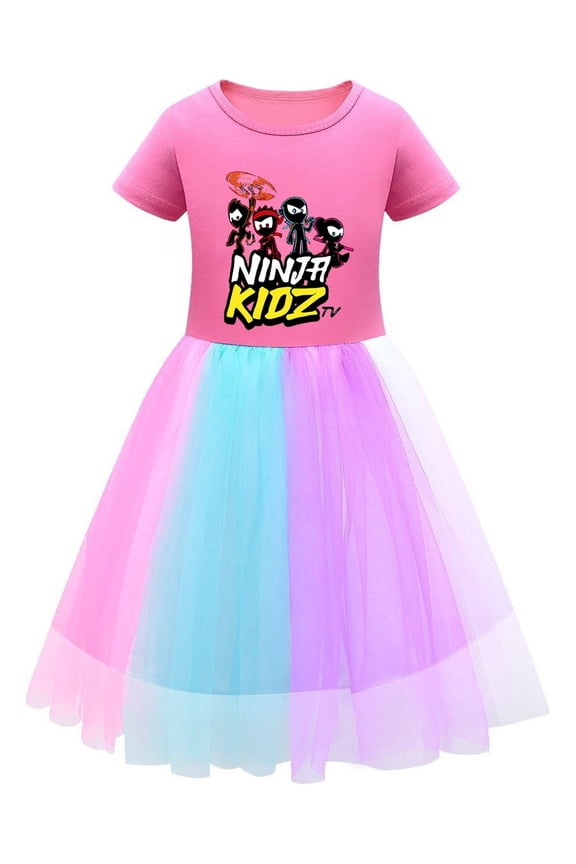Rainbow Ninja Kidz Girls Tulle Dress – Cute Cartoon Character Print – Soft Cotton Top with Flowy Skirt for and Fun Occasions