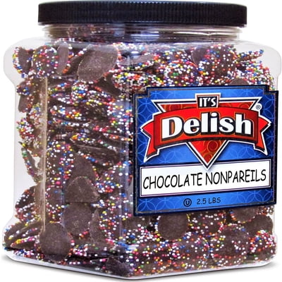 Rainbow Nonpareils Coated Dark Chocolate Discs by It's Delish, 2.5 Lbs Jumbo Container  Great Birthday & Christmas Gift, Chocolate Party Snacking Nonpareil Food Decor  Vegan, Certified Kosher Parve