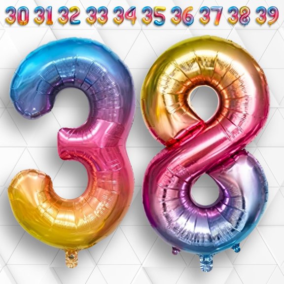 Rainbow Number 38 Balloons 40" - Helium/Air Inflatable Bold Gradient Mylar Foil Metallic Balloon Numbers - 38th Birthday Party, Anniversary Decor