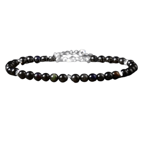 Rainbow Obsidian 6mm Round Shape Smooth Cut Beads 7 inch Silver Plated Clasp Bracelet for men, women, unisex. Link Chain Stacking Bracelet.|LINK_05753