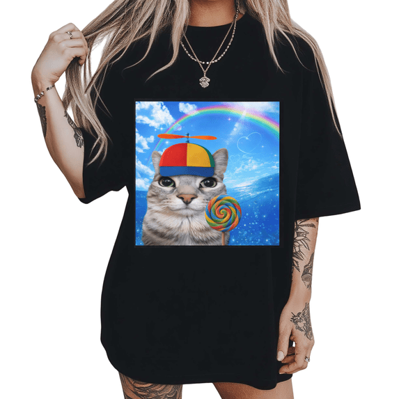 Rainbow Ocean Cat With Propeller Hat Print Tshirt Black S-5XL Whimsical Graphic Tees Shirts Tops