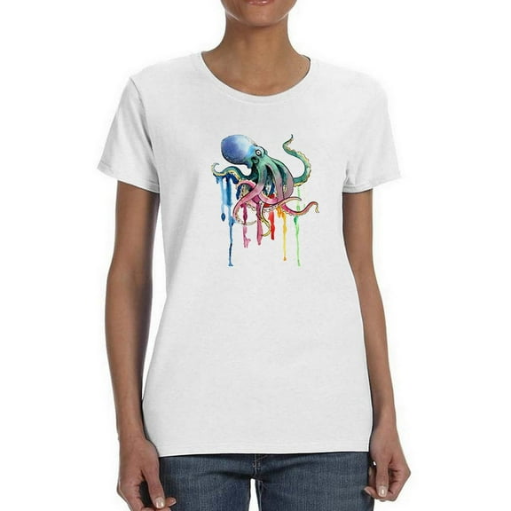 Rainbow Octopus Dripping Paint T-Shirt Women -Image by Shutterstock, Female Medium
