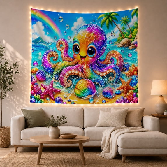 Rainbow Octopus On Tropical Beach Playful Coastal Style for Ocean Lovers Cute Ocean Wall Decor Birthday Gift Tapestry Wall Hanging for Bedroom, Playroom and Dorm