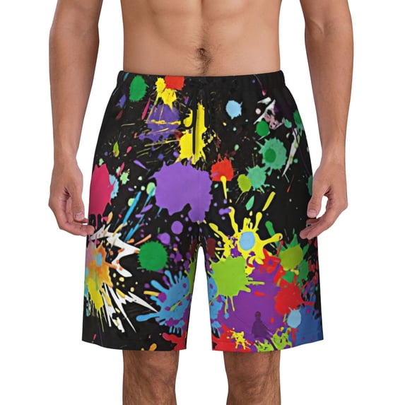 Rainbow Of Neon Paint Splatters Men'S Beach Pants Quick Dry Short Swim Trunks With With Pockets And Mesh Lining Swimwear Beach Bathing Shorts Medium