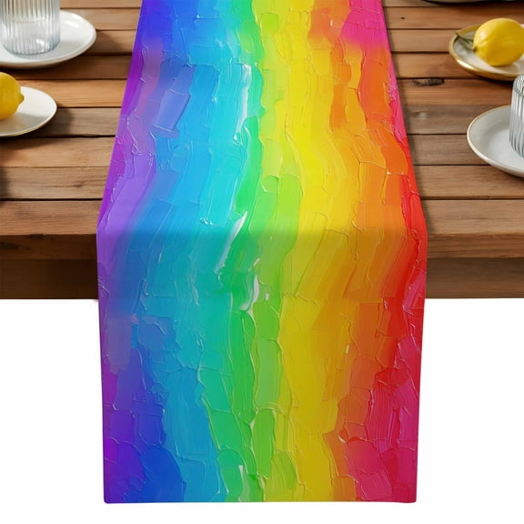 Rainbow Oil Painting Cotton Linen Table Runner for Dining Kitchen, Watercolor Colorful Abstract Art Wedding Outdoor Party Tablerunners Decoration, Dresser Scarf Coffee Tablecloth Runners 13x36 Inches