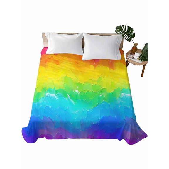 Rainbow Oil Painting Flat Sheets Only King Size, Soft Breathable Bed Top Sheets for Mattress, Watercolor Colorful Abstract Art Luxury Bedding Flat Sheets for Home Hotel Bedroom Bed Protection
