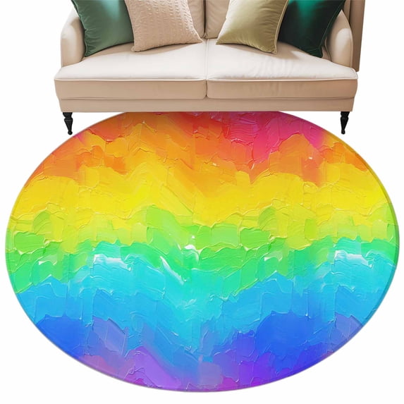 Rainbow Oil Painting Large Area Rugs for Bedroom Living Room, Soft Non Slip Carpet Bedside Rug, Watercolor Colorful Abstract Art Round Floor Cover Kitchen Accent Rug 5' for Dining Room/Office