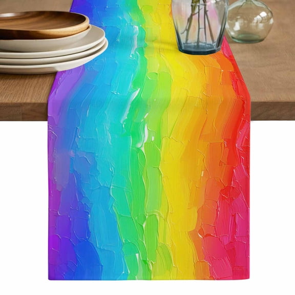 Rainbow Oil Painting Table Runner, Watercolor Colorful Abstract Art Washable Cotton Linen Table Runners 48 Inches Long, Dresser Scarf Runner for Nightstand/Coffee/End Tables 13''x48''