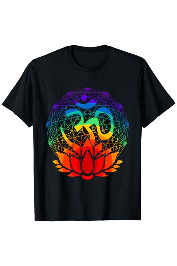 Rainbow Om Symbol Lotus Flower Yoga Meditation T-Shirt - Spiritual Sacred Geometry Zen Graphic Tee for Men and Women - Namaste Mandala Art Top